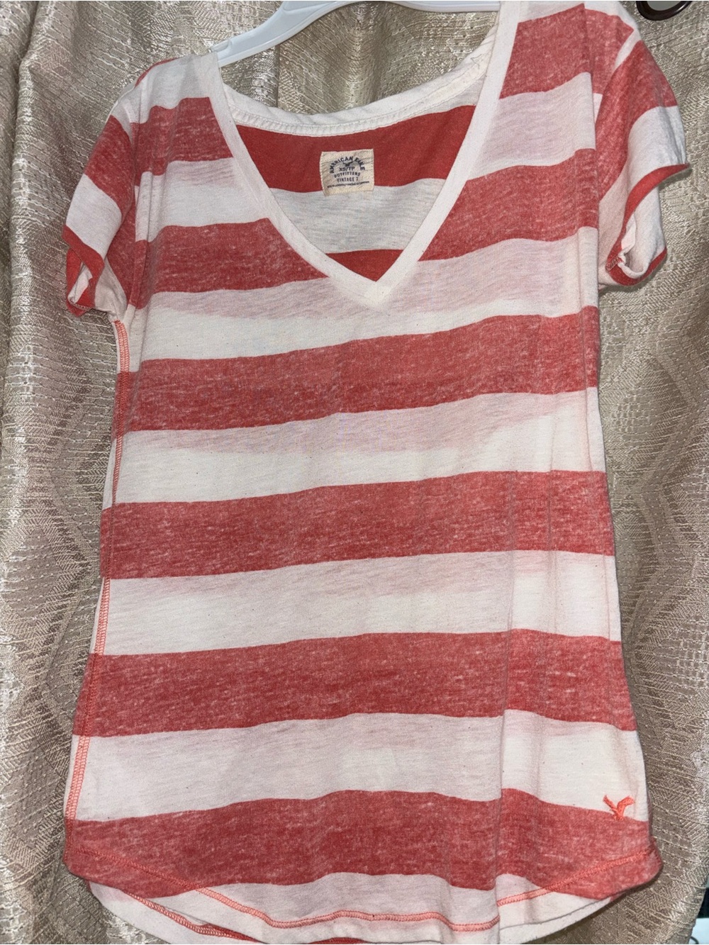 Vintage American Eagle Outfitters Red and White Striped V-Neck Tee